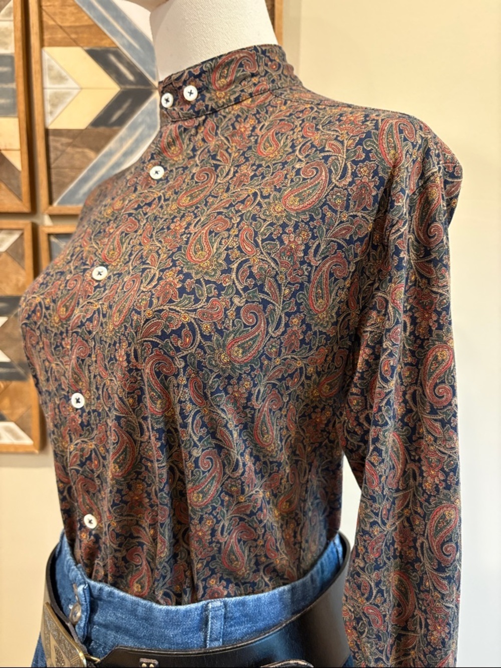Vintage Ralph Lauren Blue Label 90s Paisley Cotton Button-Up High Neck Top Small - Picture 5 of 10